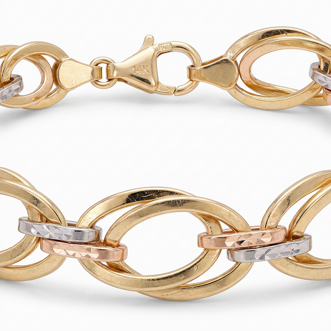 14k driekleurige armband brede ovale schakels