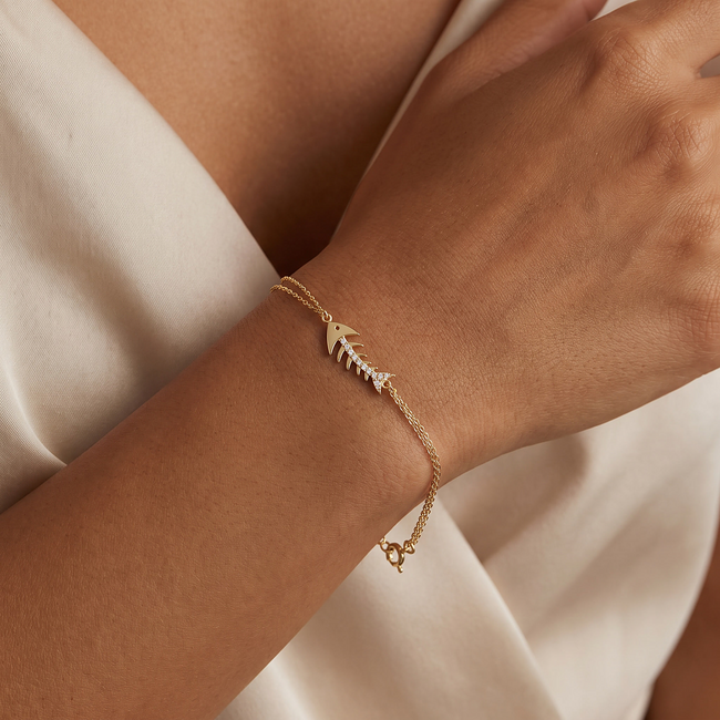 14k Geelgouden Visgraat Armband met Zirkonia