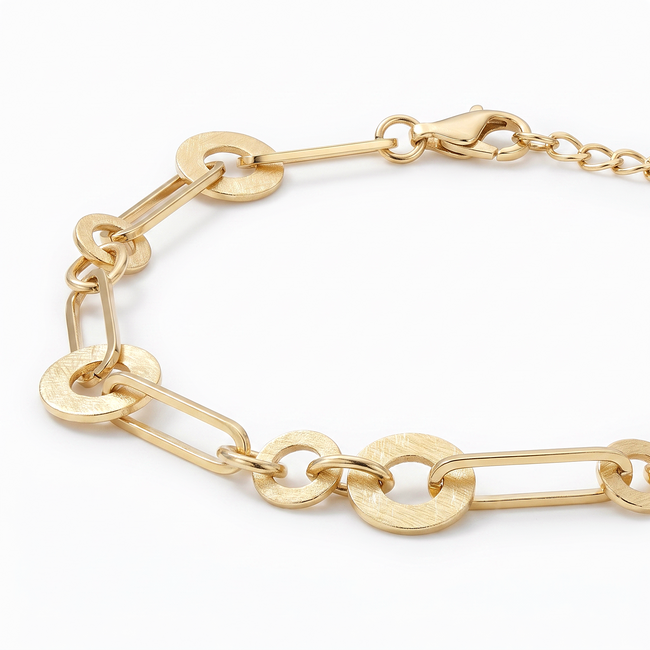 Gouden paperclip armband 14 karaat met matte ronde schakels
