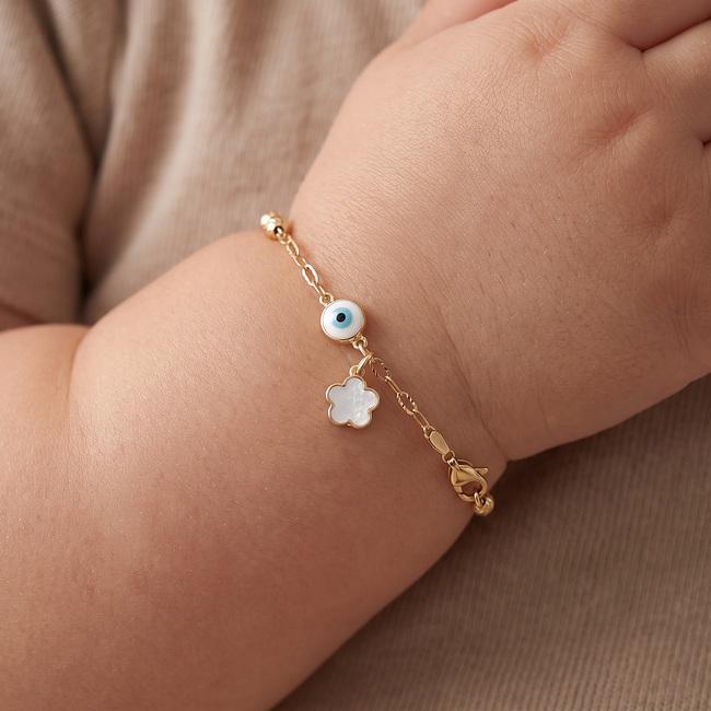 Kinderarmband met oogje en klavertje