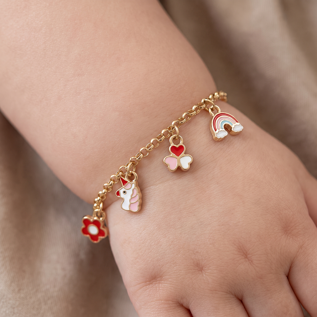 Kinderarmband met unicorn, hartjes en regenboog
