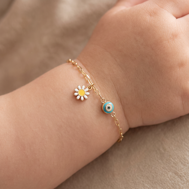 Kinderarmband met bloemetje en nazar oogje