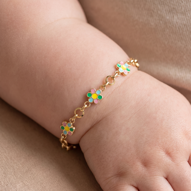 Gouden Armband met Gekleurde Bloem Bedels