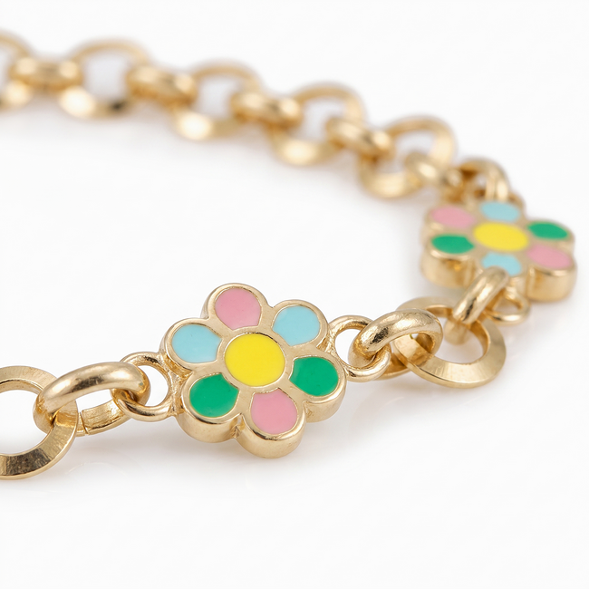 Gouden Armband met Gekleurde Bloem Bedels