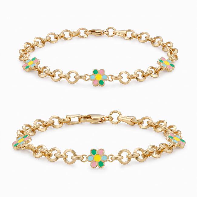 Gouden Armband met Gekleurde Bloem Bedels