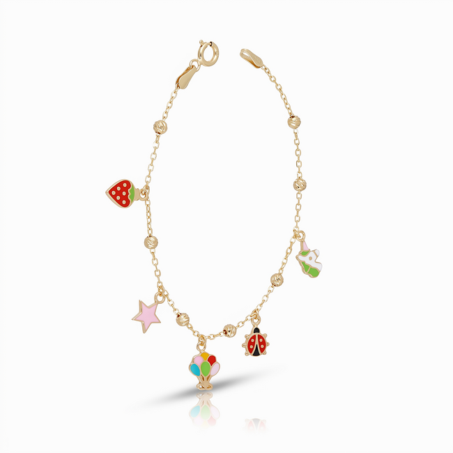Gouden Armband met Gekleurde Bedels en Figuren
