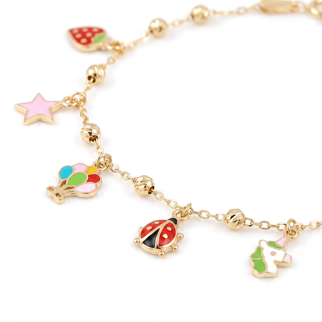 Gouden Armband met Gekleurde Bedels en Figuren