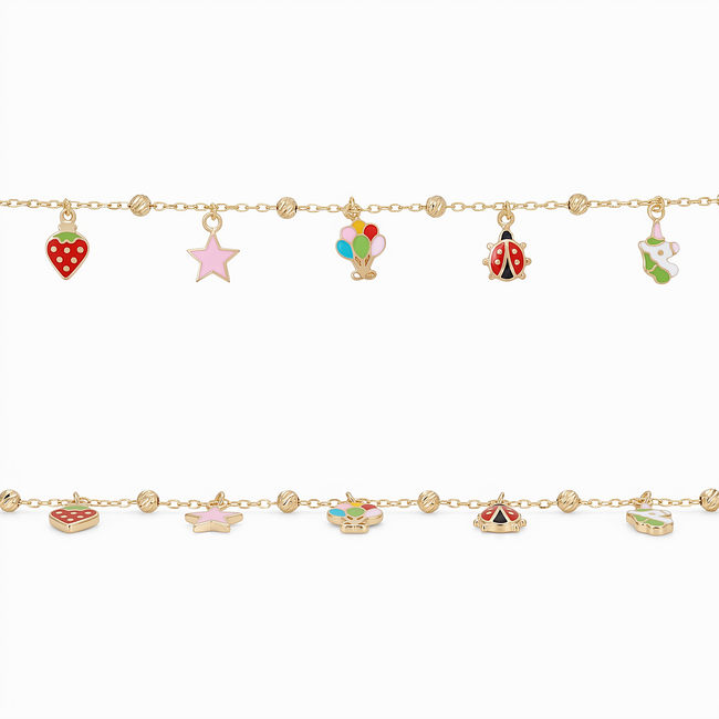 Gouden Armband met Gekleurde Bedels en Figuren