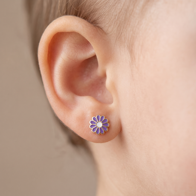 Gouden Kinder Oorbellen met Paarse Bloem Design