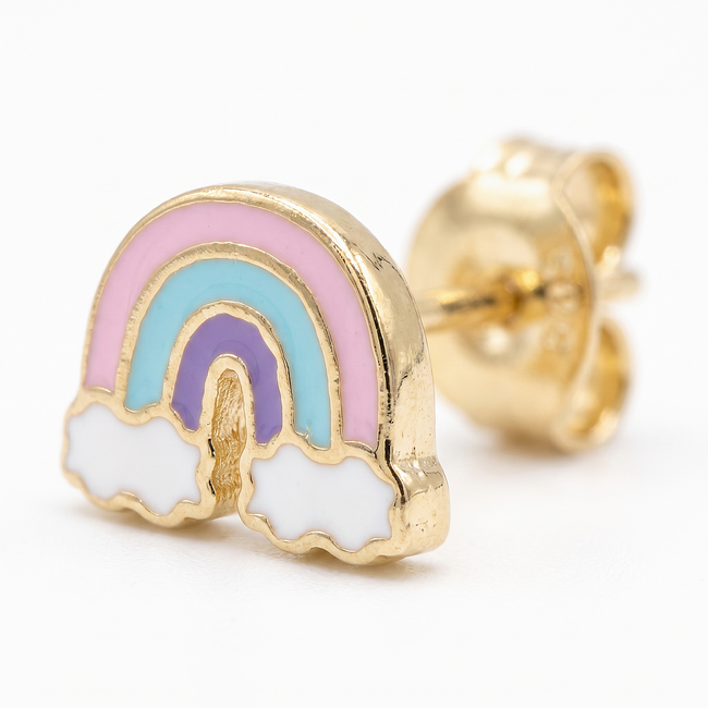 Gouden kinderoorbellen met pastel regenboog