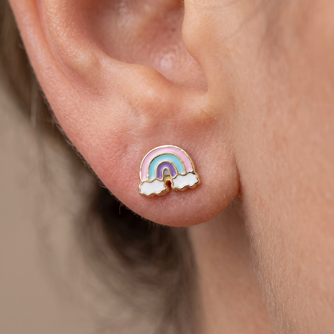 Gouden kinderoorbellen met pastel regenboog