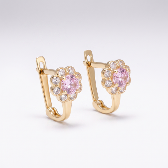 Gouden kinderoorbellen 14 karaat, bloem van zirkonia met roze steen, 10 mm
