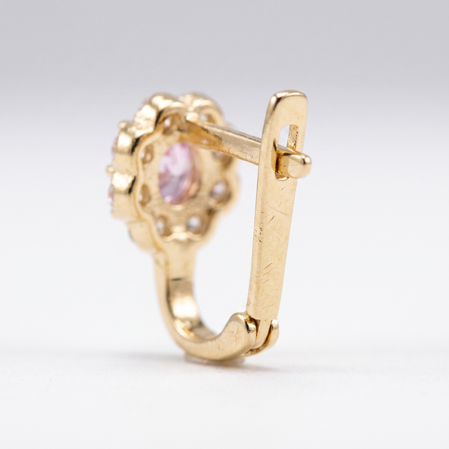 Gouden kinderoorbellen 14 karaat, bloem van zirkonia met roze steen, 10 mm