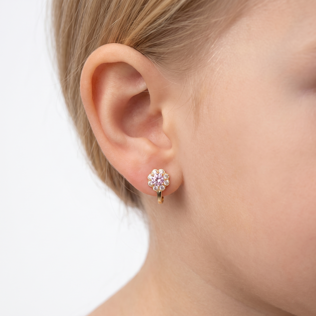 Gouden kinderoorbellen 14 karaat, bloem van zirkonia met roze steen, 10 mm