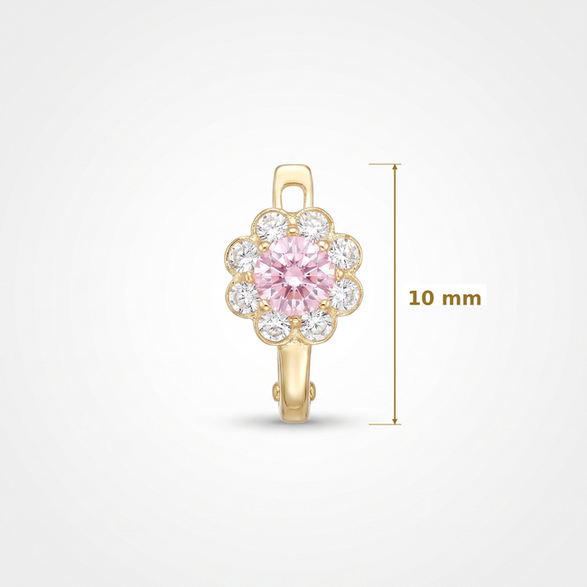 Gouden kinderoorbellen 14 karaat, bloem van zirkonia met roze steen, 10 mm