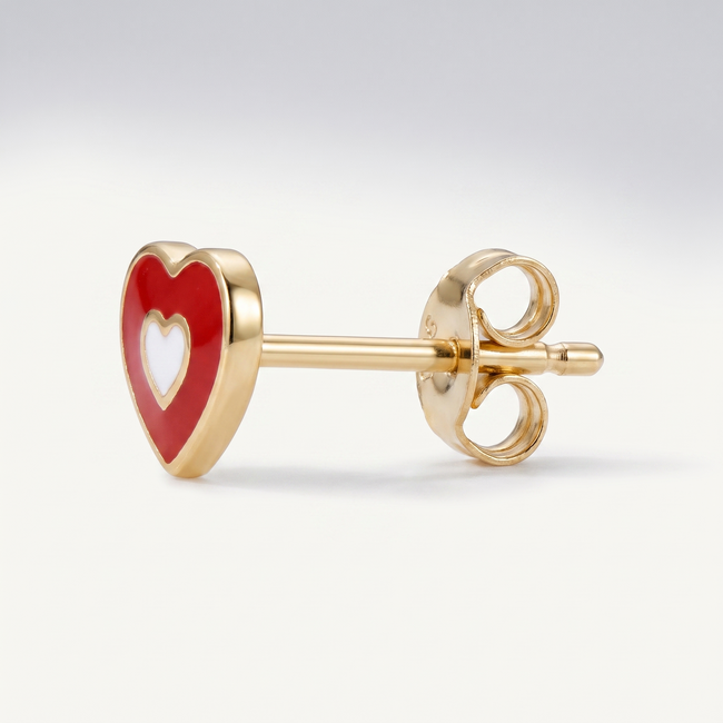 Gouden kinderoorbellen met rood emaille hartje, 4,5 mm