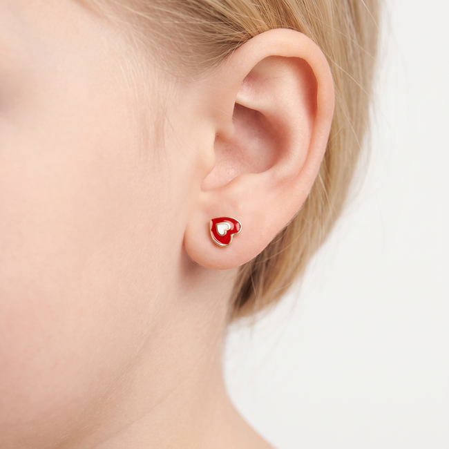Gouden kinderoorbellen met rood emaille hartje, 4,5 mm