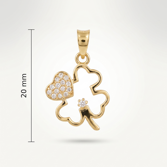 Gouden hanger klavertje vier met zirkonia, 20 mm