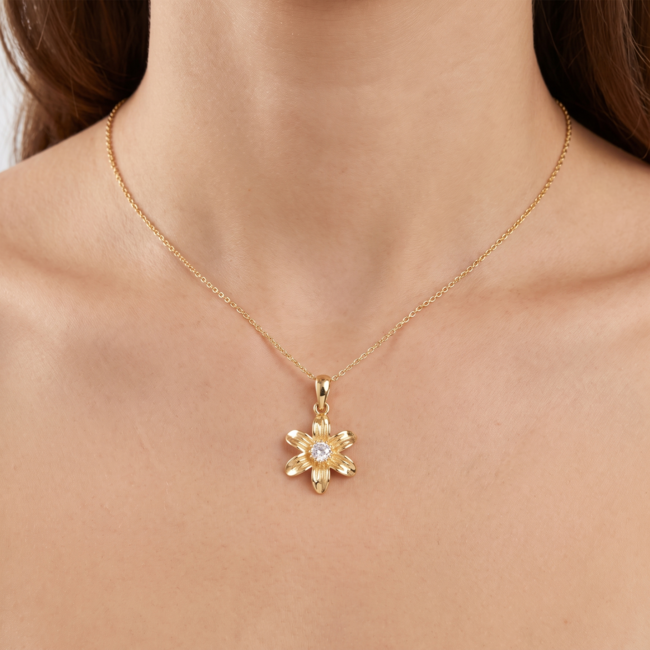 Gouden hanger bloem met zirkonia, 16,2 mm
