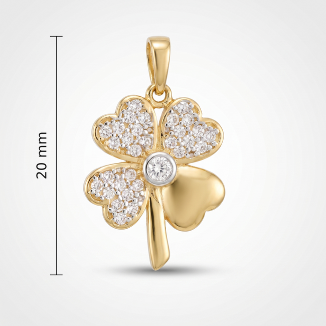 Gouden hanger klavertje vier, drie blaadjes pavé, 20 mm