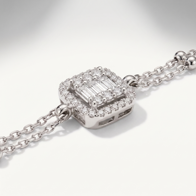 Witgouden armband dubbele schakel, baguette zirkonia