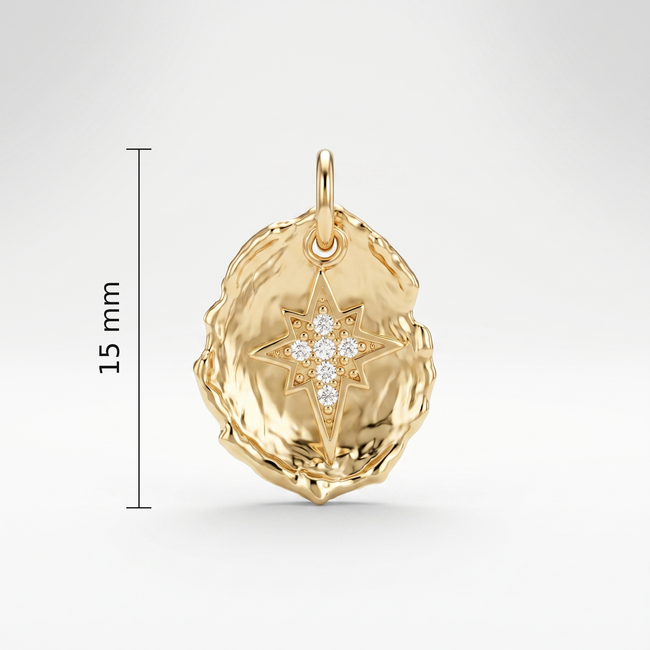 Gouden collier 14 karaat, poolster in ovaal medaillon, zirkonia