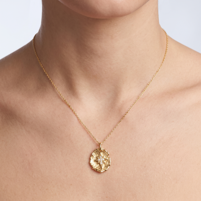 Gouden collier 14 karaat, poolster in ovaal medaillon, zirkonia