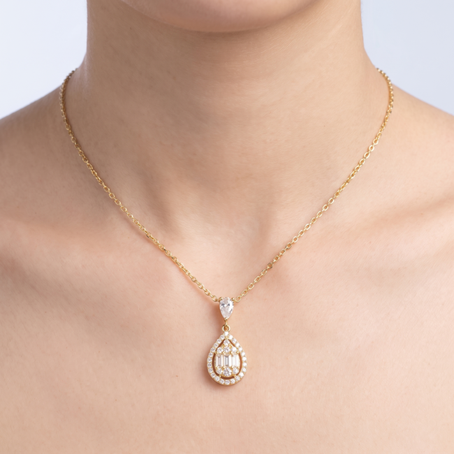 Gouden collier 14 karaat, druppel entourage met baguette, 42 cm