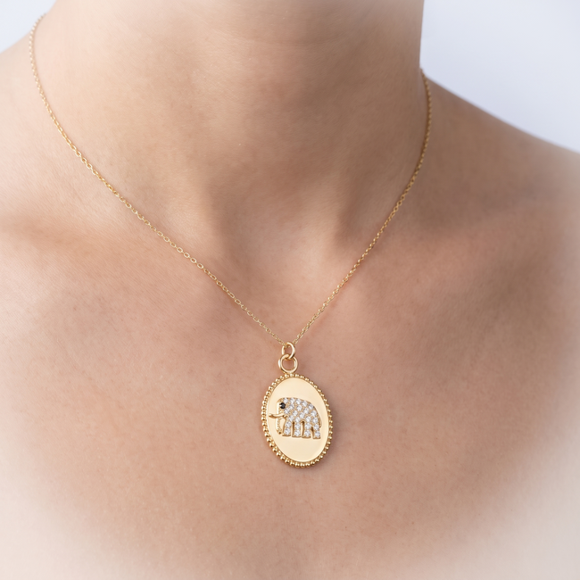 Gouden collier medaillon olifant zirkonia 42 cm