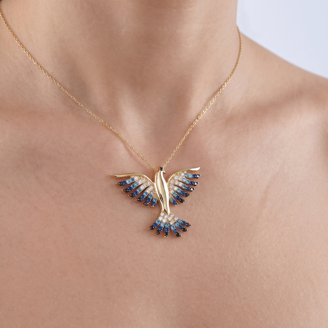 Gouden collier vogel gekleurde zirkonia 42 cm