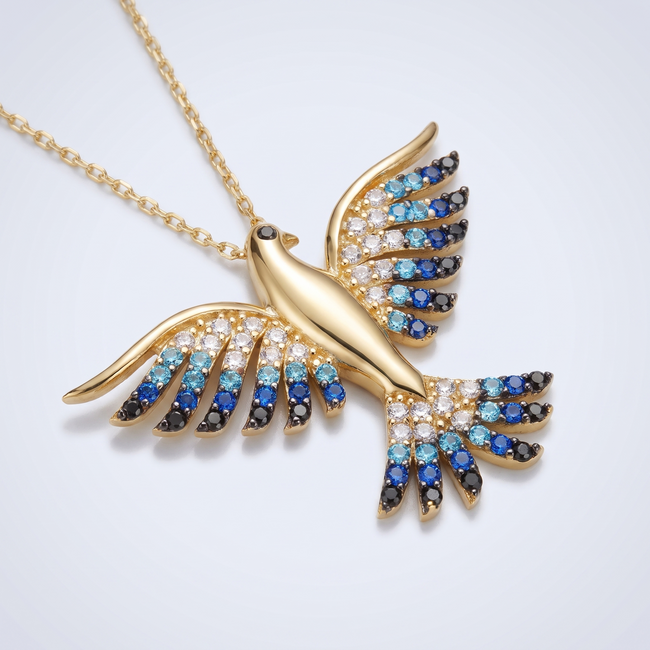 Gouden collier vogel gekleurde zirkonia 42 cm