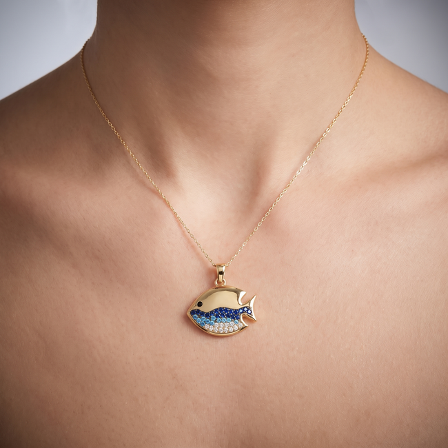 Gouden collier vis gekleurde zirkonia 45,5 cm
