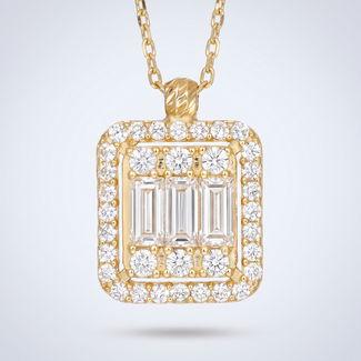 Gouden collier emerald halo baguette