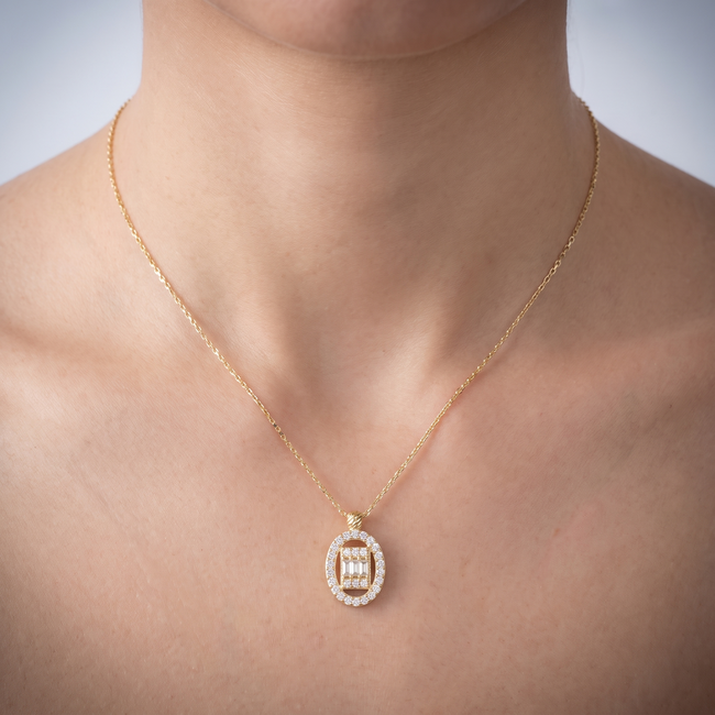 Gouden Collier Ovaal Halo Baguette 42,5cm