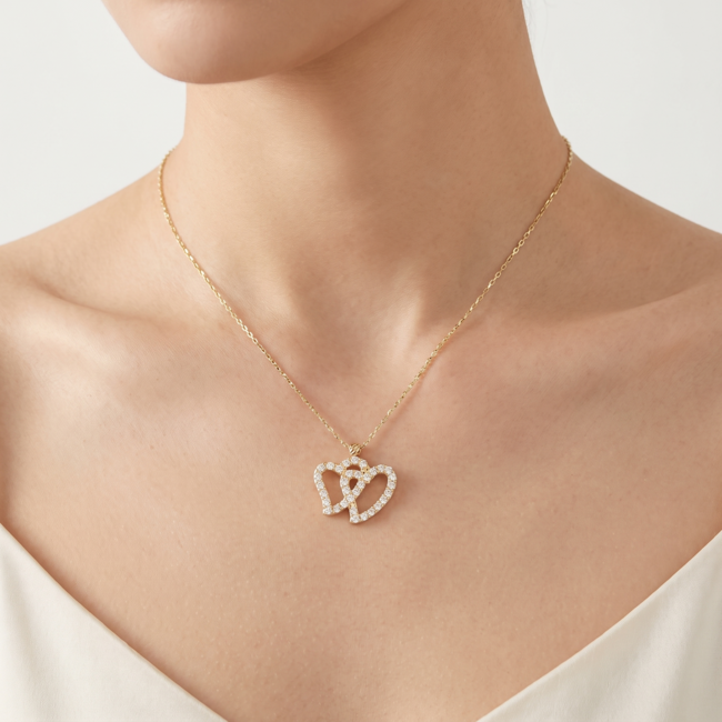 Gouden Collier Dubbel Hart Zirkonia 43cm