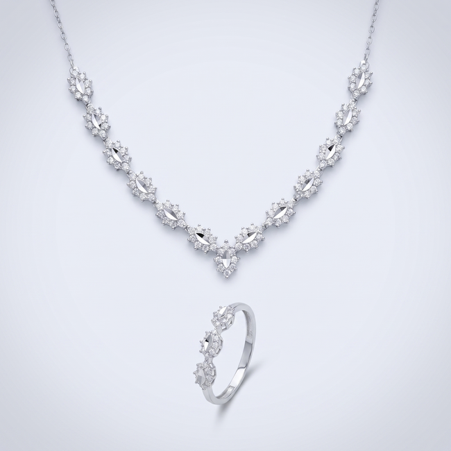 Sieradenset witgoud marquise ketting en ring