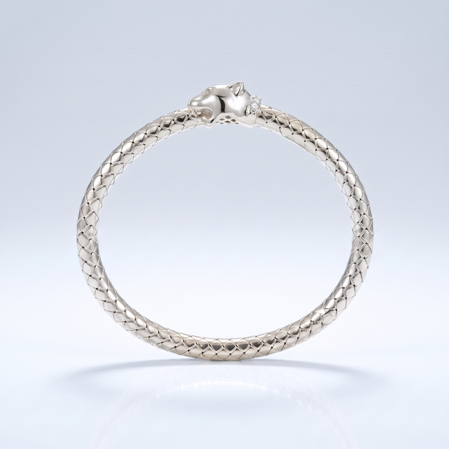 Zilveren Ronde Bangle Armband Met Panterkop Zirkonia