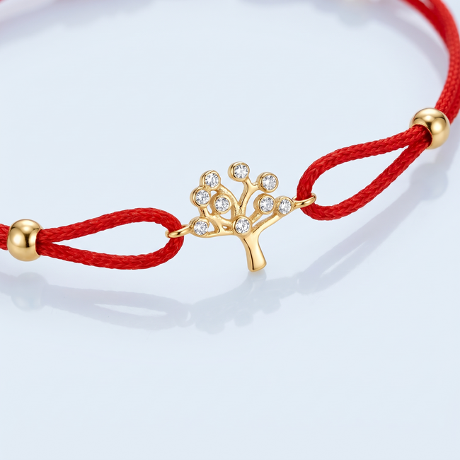 Gouden Levensboom Armband Rood Koord