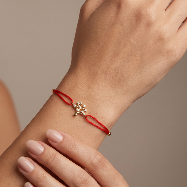 Gouden Levensboom Armband Rood Koord