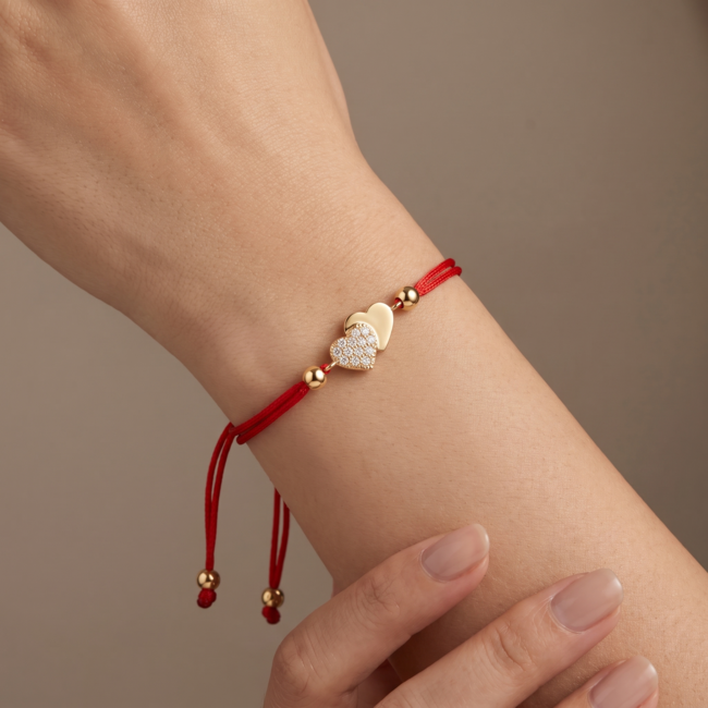14 Karaat Gouden Hartjes Armband Rood Koord