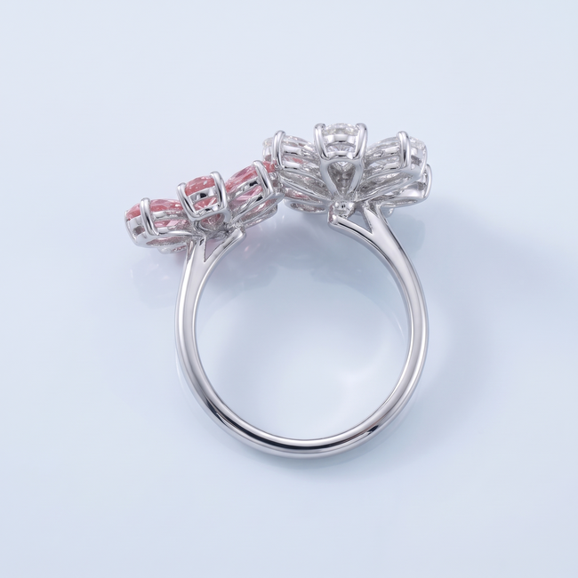 14 Karaat Witgouden Ring, Roze en Witte Lab Diamanten Bloemen