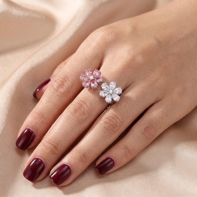 14 Karaat Witgouden Ring, Roze en Witte Lab Diamanten Bloemen