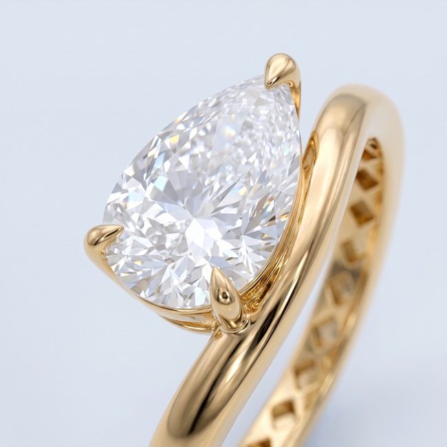 14 Karaat Gouden Solitaire Ring, Peervormige Lab Diamant 2,02 ct