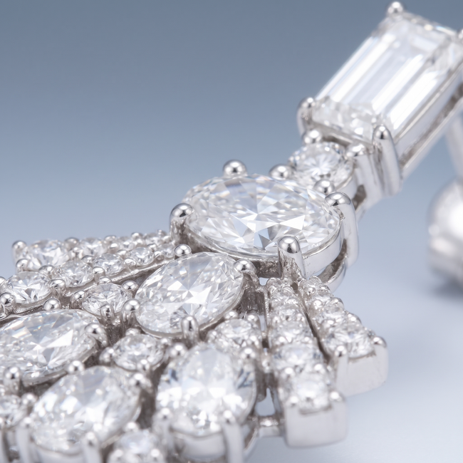 Lab Diamanten Oorhangers, Art Deco Waaiermotief met Baguette, Ovaal en Marquise Diamant