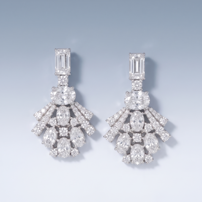 Lab Diamanten Oorhangers, Art Deco Waaiermotief met Baguette, Ovaal en Marquise Diamant
