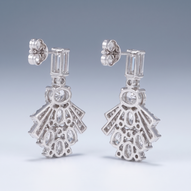 Lab Diamanten Oorhangers, Art Deco Waaiermotief met Baguette, Ovaal en Marquise Diamant