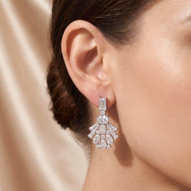 Lab Diamanten Oorhangers, Art Deco Waaiermotief met Baguette, Ovaal en Marquise Diamant