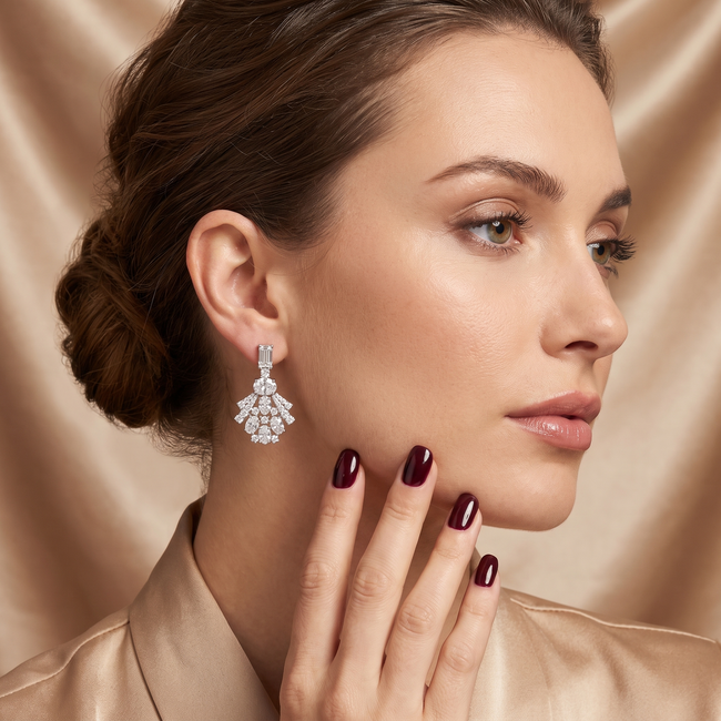 Lab Diamanten Oorhangers, Art Deco Waaiermotief met Baguette, Ovaal en Marquise Diamant