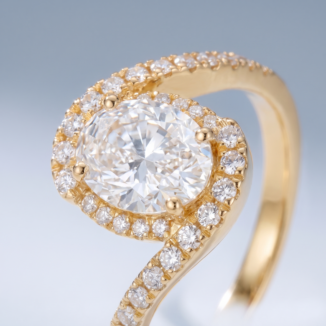 14 Karaat Gouden Verlovingsring met Ovale Diamant 1,51 ct en Halo