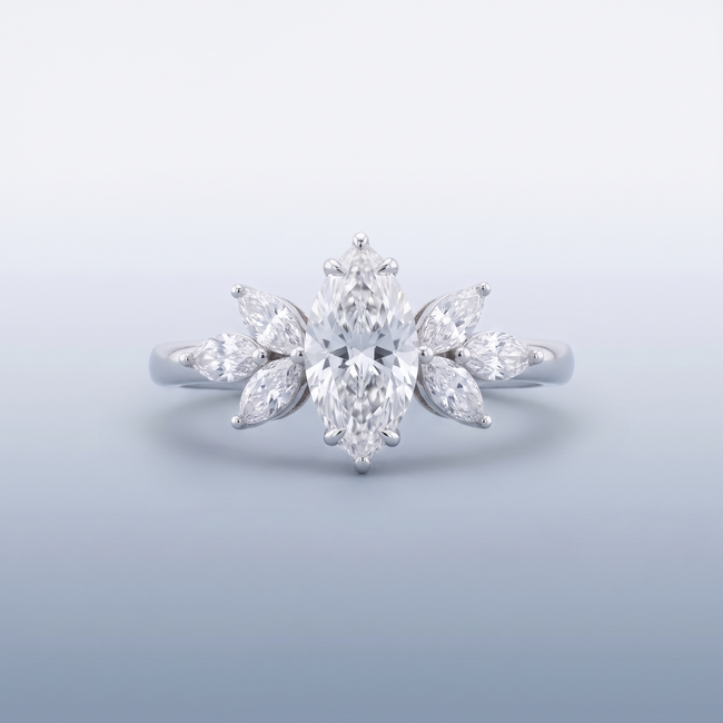 Witgouden Ring maat 17 1/4 met Marquise Lab Diamant 1,00 ct en Vleugelmotief